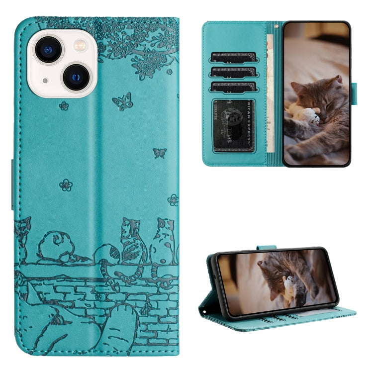 Cat Embossing Pattern Leather Phone Case with Lanyard, For iPhone 16, For iPhone 15 Pro Max, For iPhone 15 Pro, For iPhone 15 Plus