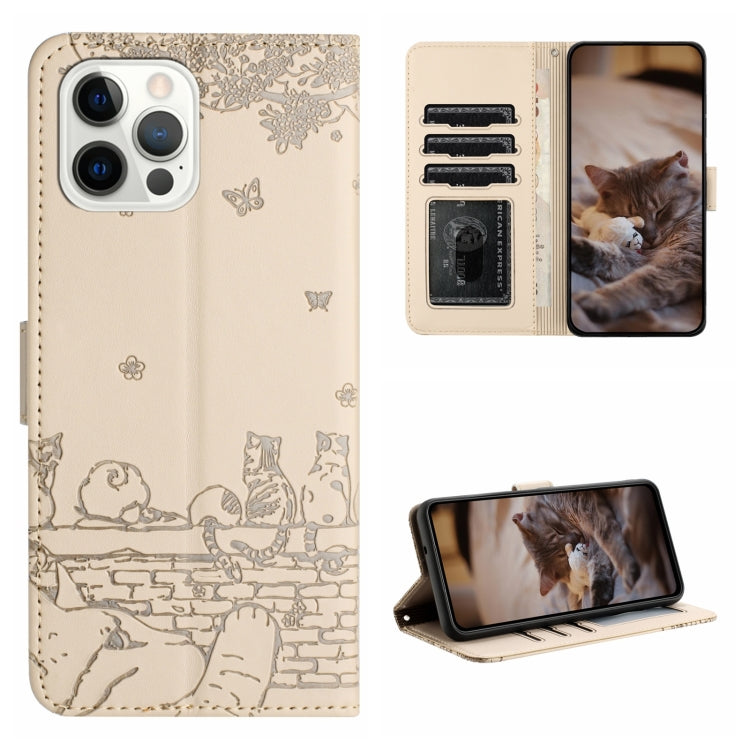 Cat Embossing Pattern Leather Phone Case with Lanyard, For iPhone 15, For iPhone 14 Plus, For iPhone 14, For iPhone 14 Pro