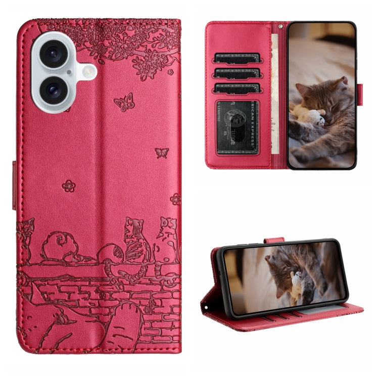 Cat Embossing Pattern Leather Phone Case with Lanyard, For iPhone 16, For iPhone 15 Pro Max, For iPhone 15 Pro, For iPhone 15 Plus