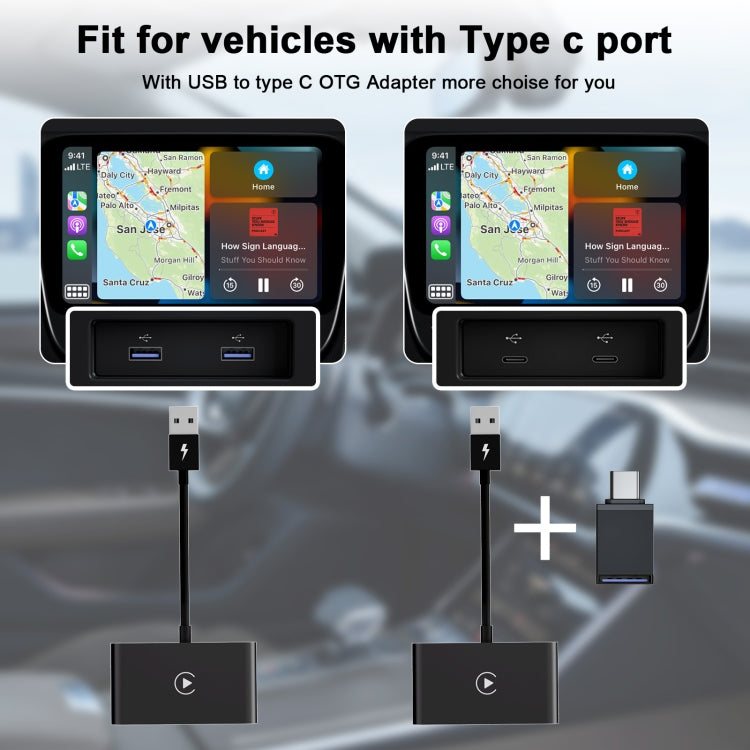 USB + USB-C / Type-C Wired to Wireless Carplay Adapter for iPhone(Black)
