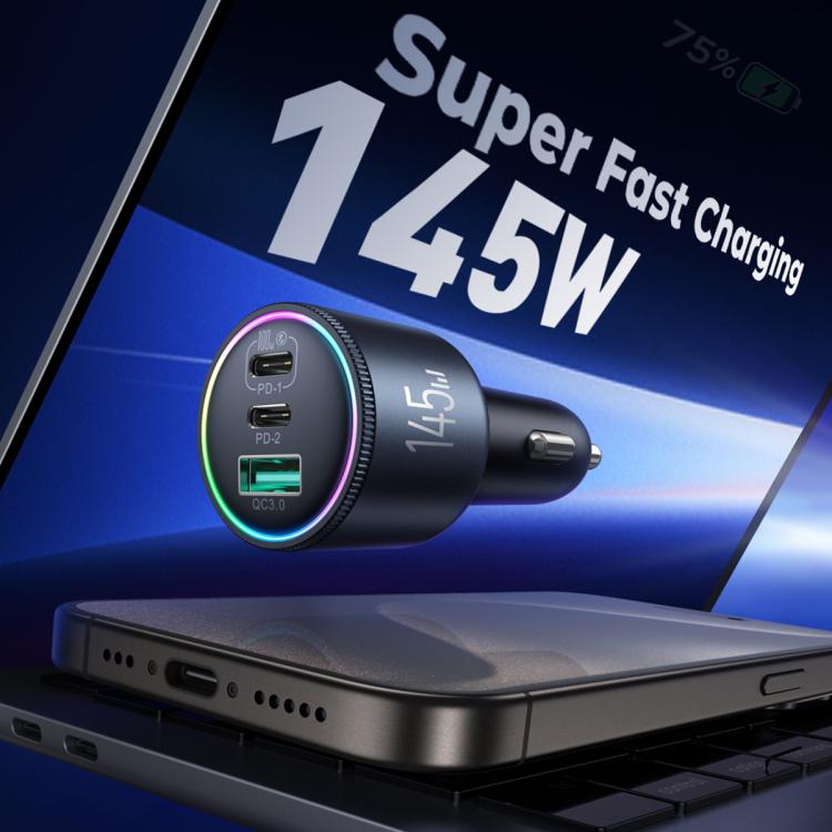 JOYROOM JR-CCN07 145W Dual PD+QC3.0 3-Port Car Charger(Dark Gray)