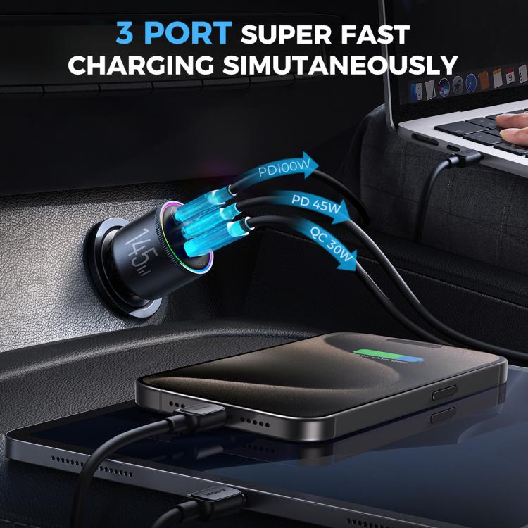 JOYROOM JR-CCN07 145W Dual PD+QC3.0 3-Port Car Charger(Dark Gray)
