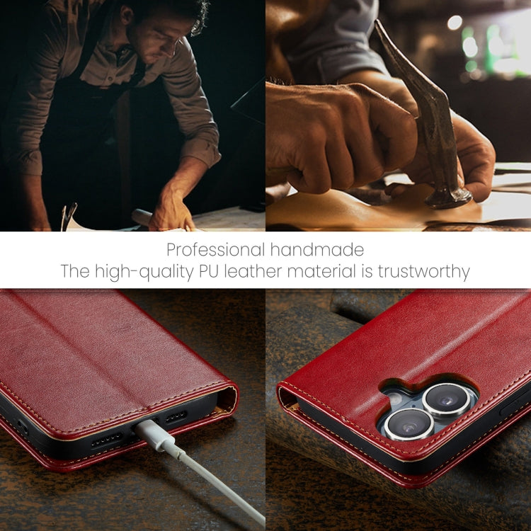 For iPhone 16 Plus Fierre Shann PU Genuine Leather Texture Phone Case(Red)