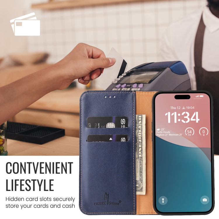 For iPhone 16 Pro Fierre Shann PU Genuine Leather Texture Phone Case(Blue)