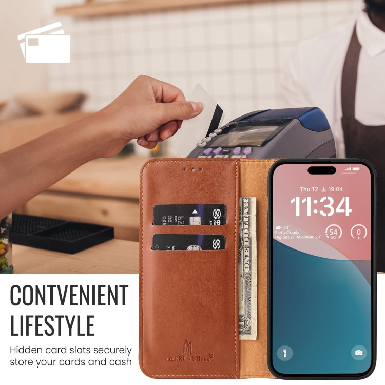 For iPhone 16 Pro Max Fierre Shann PU Genuine Leather Texture Phone Case(Brown)