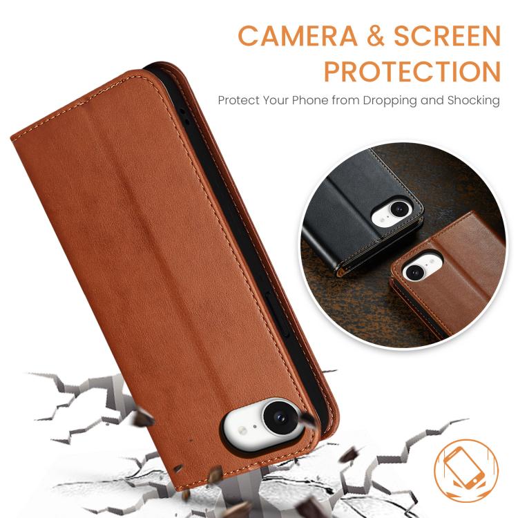 For iPhone 17e / 16e Fierre Shann PU Genuine Leather Texture Phone Case(Brown)