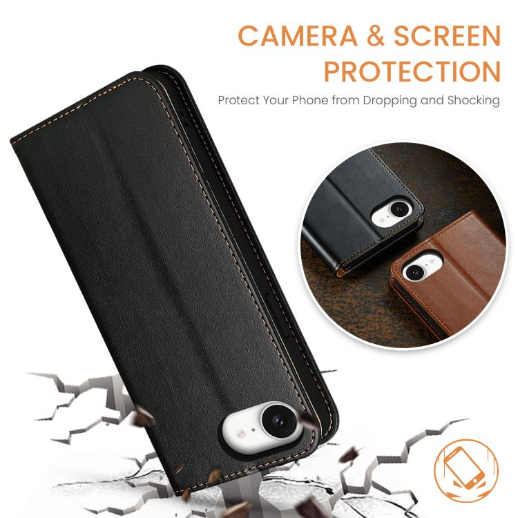 For iPhone 17e / 16e Fierre Shann PU Genuine Leather Texture Phone Case(Black)