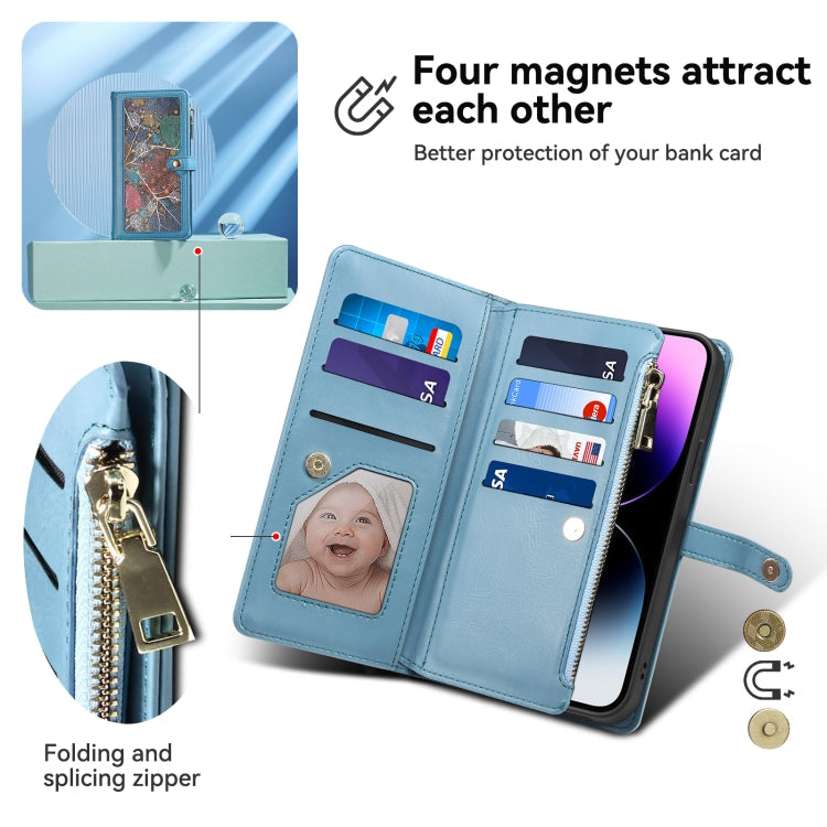 For iPhone 16 Pro ESEBLE Star Series Lanyard Zipper Wallet RFID Leather Case(Blue)