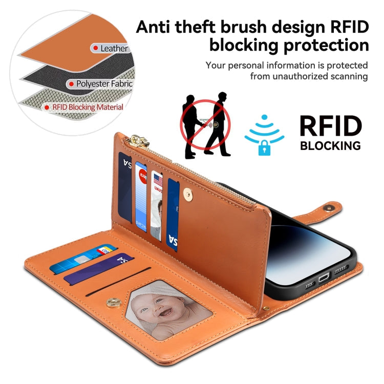 For iPhone 16 Plus ESEBLE Star Series Lanyard Zipper Wallet RFID Leather Case(Brown)