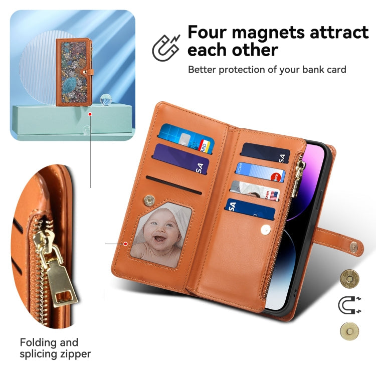 For iPhone 16 ESEBLE Star Series Lanyard Zipper Wallet RFID Leather Case(Brown)