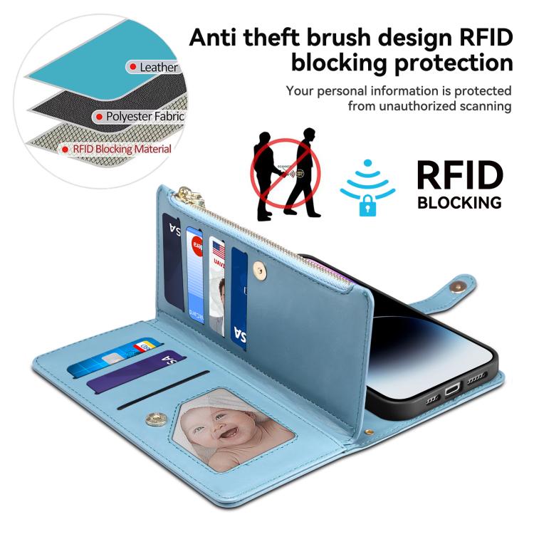 For iPhone 17e / 16e ESEBLE Star Series Lanyard Zipper Wallet RFID Leather Case(Blue)