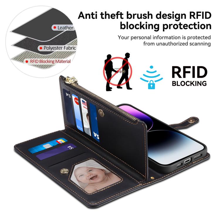 For iPhone 17e / 16e ESEBLE Star Series Lanyard Zipper Wallet RFID Leather Case(Black)