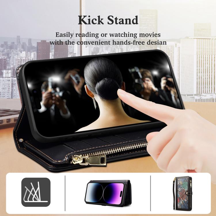 For iPhone 17e / 16e ESEBLE Star Series Lanyard Zipper Wallet RFID Leather Case(Black)