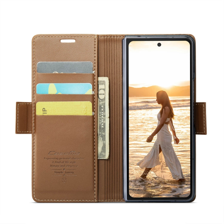 For Samsung Galaxy Z Fold6 5G CaseMe 023 Butterfly Buckle Litchi Texture RFID Anti-theft Leather Phone Case(Brown)