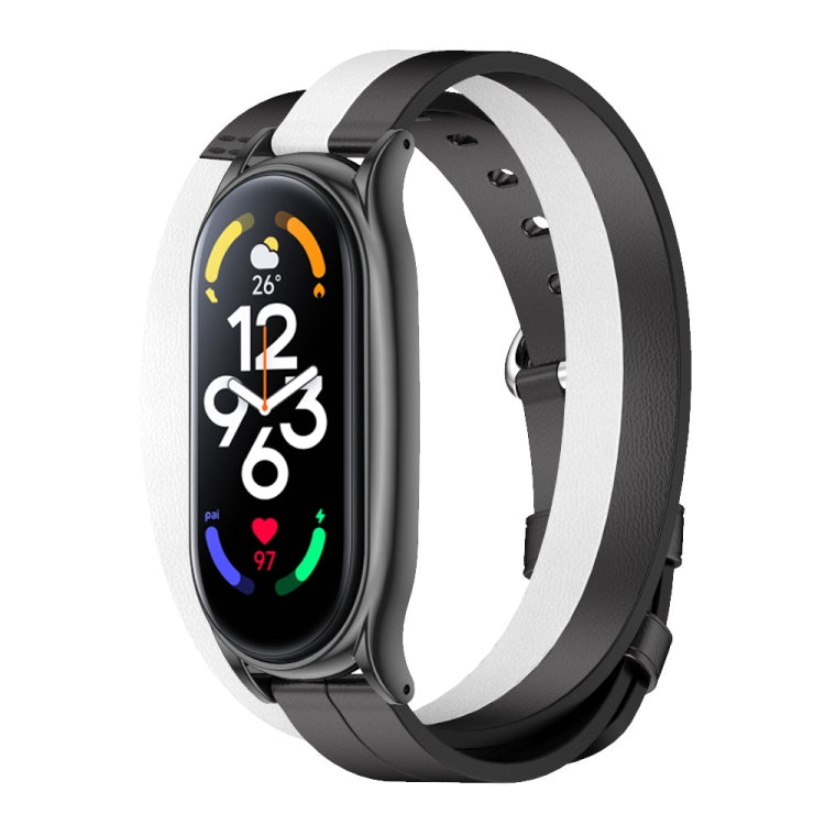 For Xiaomi Mi Band 7 Mijobs Plus Case Double-Loop Leather Watch Band(Black+White)