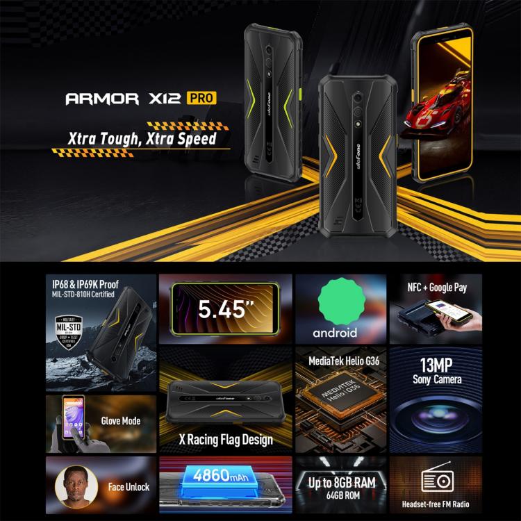 [HK Warehouse] Ulefone Armor X12 Pro, 4GB+64GB, IP68/IP69K Rugged Phone, 5.45 inch Android 15 MediaTek Helio G36 Octa Core, Network: 4G, NFC(All Black)