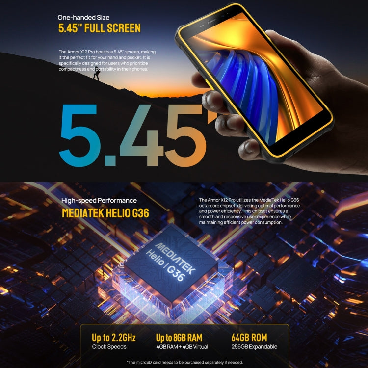 [HK Warehouse] Ulefone Armor X12 Pro, 4GB+64GB, IP68/IP69K Rugged Phone, 5.45 inch Android 15 MediaTek Helio G36 Octa Core, Network: 4G, NFC(All Black)