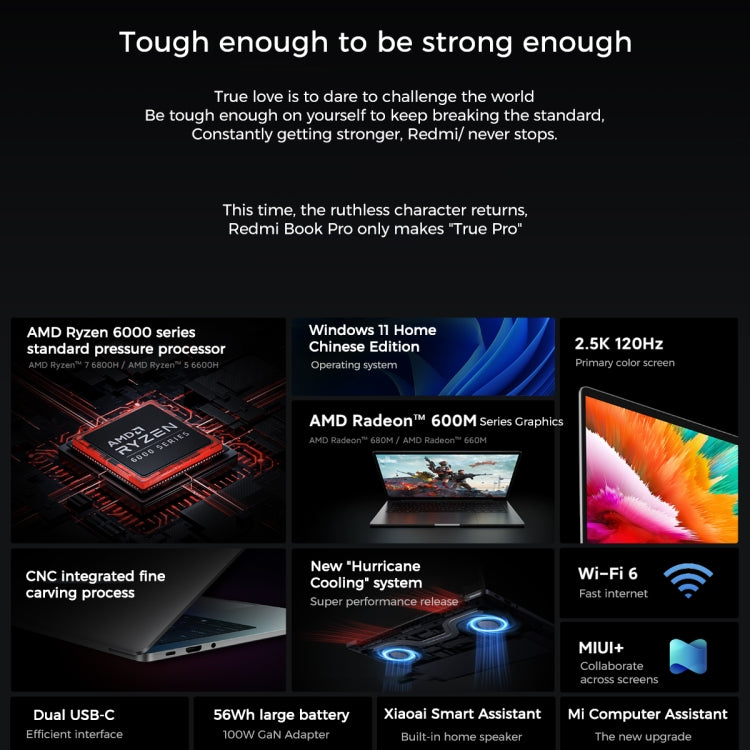 Xiaomi RedmiBook Pro 14 inch Laptop 2022, 16GB+512GB, Windows 11 Home Chinese Version, AMD Ryzen 7 6800H Octa Core(Starlight Grey)