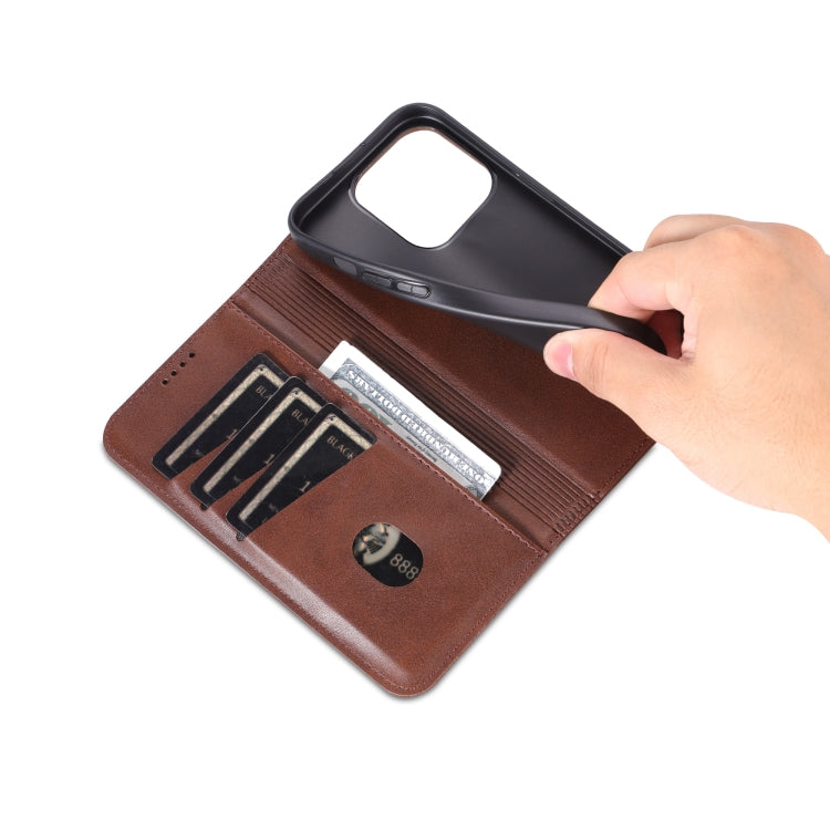 For iPhone 16 Pro AZNS Magnetic Calf Texture Flip Leather Phone Case(Dark Brown)
