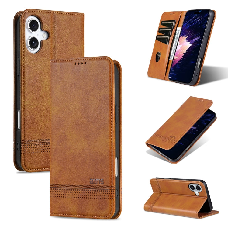 For iPhone 16 AZNS Magnetic Calf Texture Flip Leather Phone Case(Light Brown)