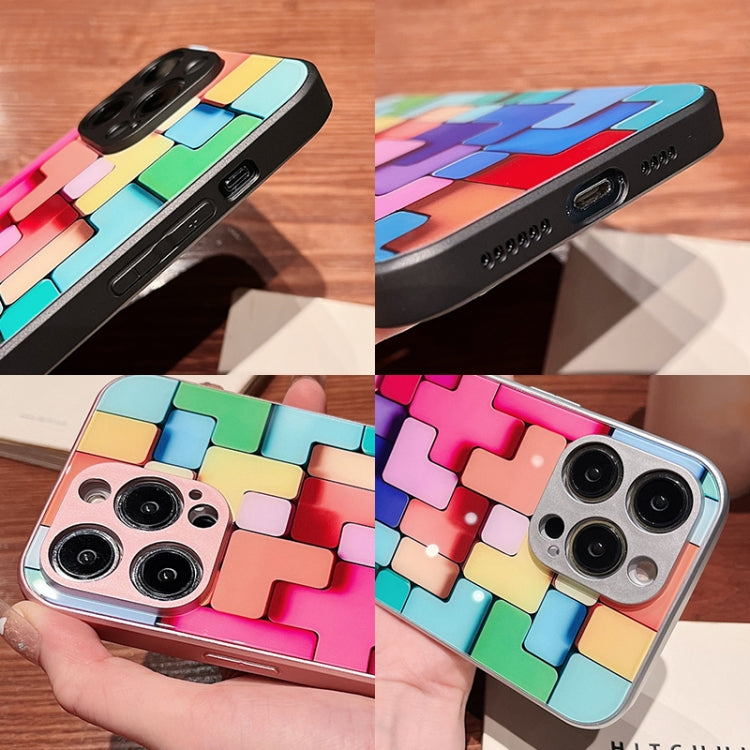 For iPhone 12 Pro Max Colorful Toy Bricks Pattern Shockproof Glass Phone Case(Silver)