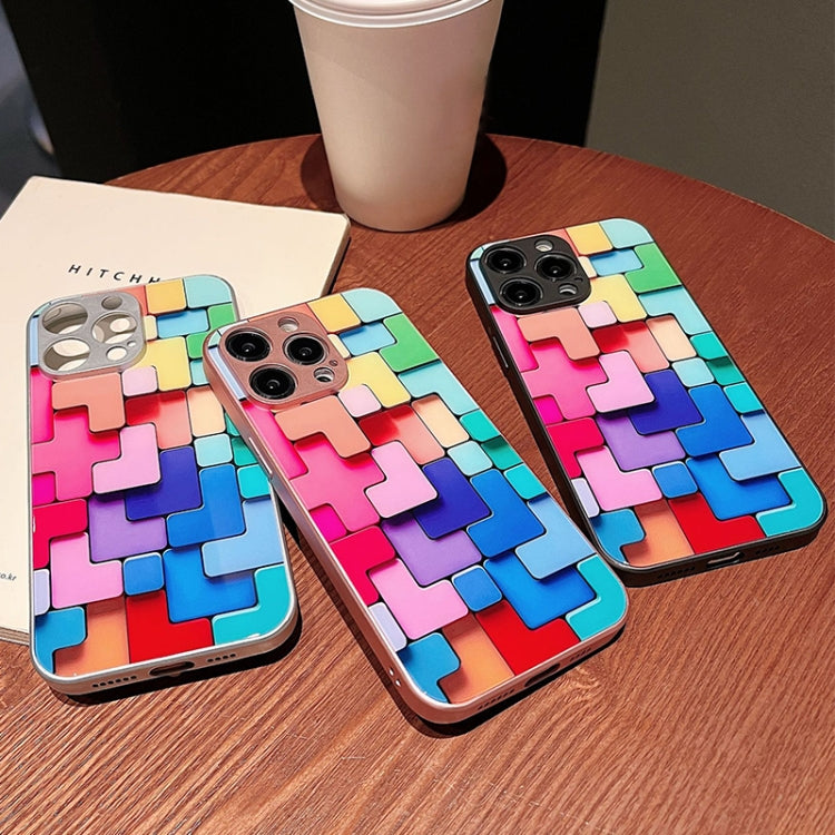 For iPhone 14 Plus Colorful Toy Bricks Pattern Shockproof Glass Phone Case(Pink)