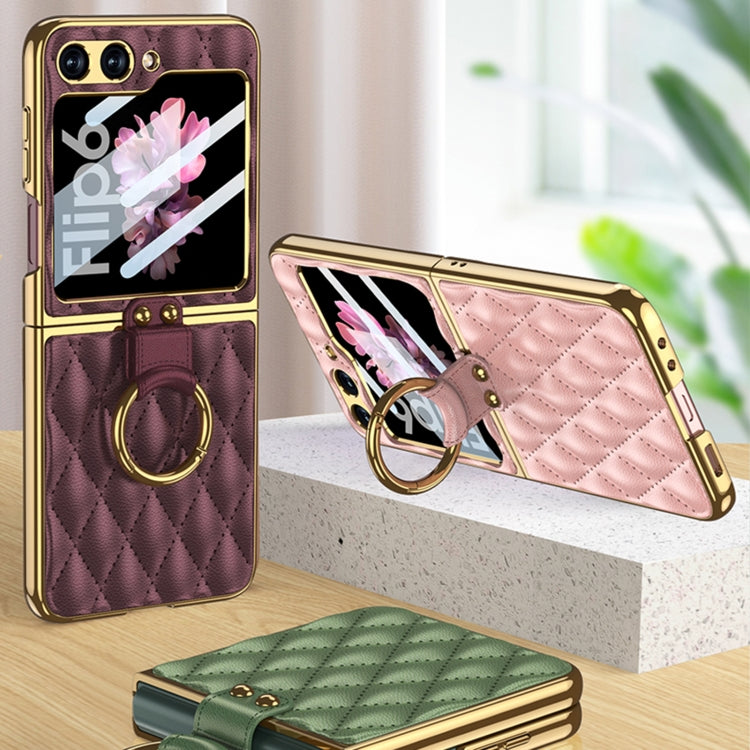 For Samsung Galaxy Z Flip6/7 FE GKK Integrated Plating Diamond Texture PU Phone Case with Ring(Pink)