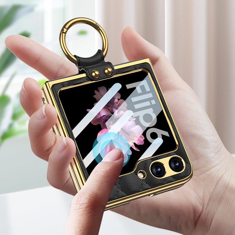 For Samsung Galaxy Z Flip6/7 FE GKK Integrated Plating Diamond Texture PU Phone Case with Ring(Matcha Green)