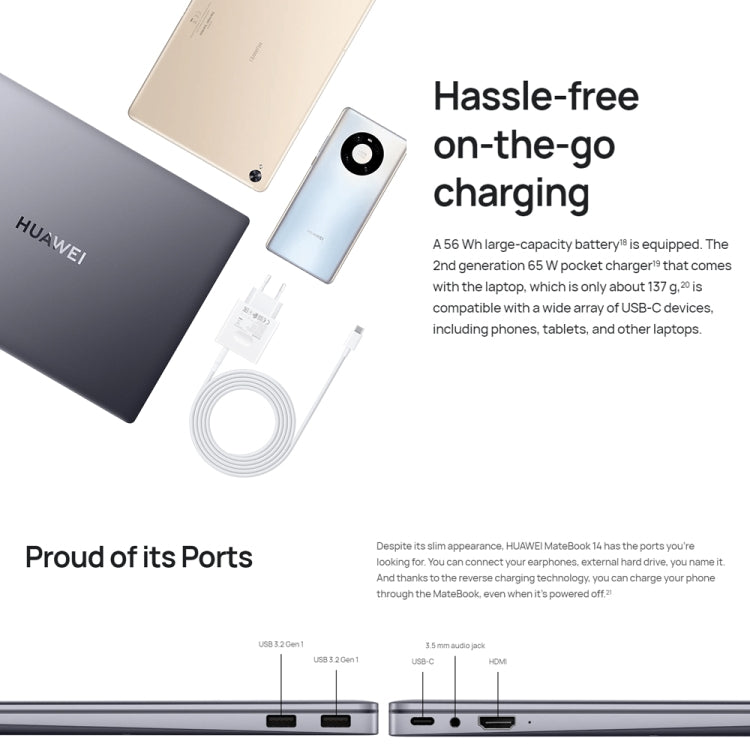 HUAWEI MateBook 14 Laptop, 16GB+512GB, 14 inch Touch Screen Windows 11 Home Chinese Version, Intel 12th Gen Core i7-1260P Integrated Graphics(Grey)