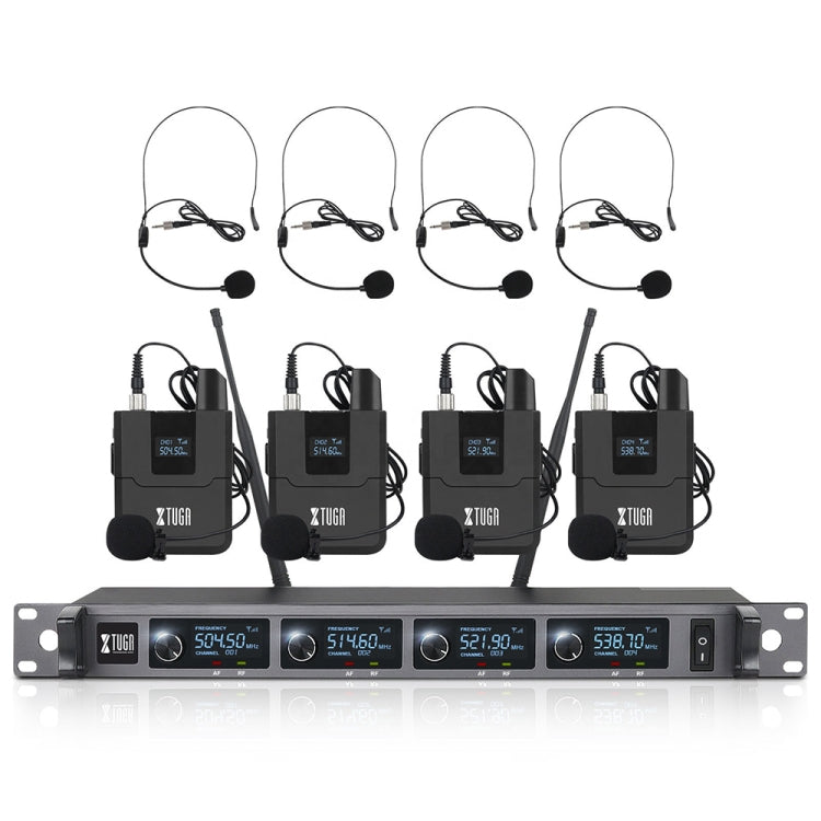 XTUGA A140-B Wireless Microphone System 4 BodyPack Headset Lavalier Microphone(EU Plug)