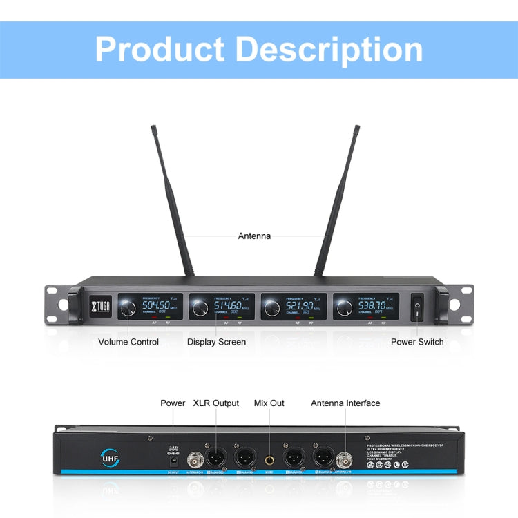 XTUGA A140-H Wireless Microphone System 4 Channel UHF Handheld Microphone(UK Plug)