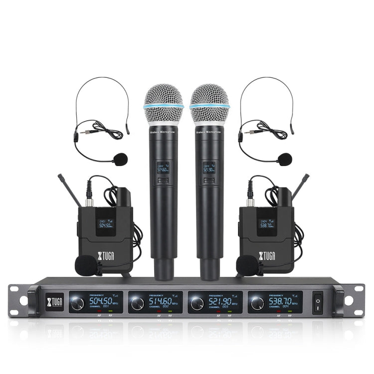 XTUGA A140-HB Wireless Microphone System 4 Channel Handheld Lavalier Headset Microphone(EU Plug)