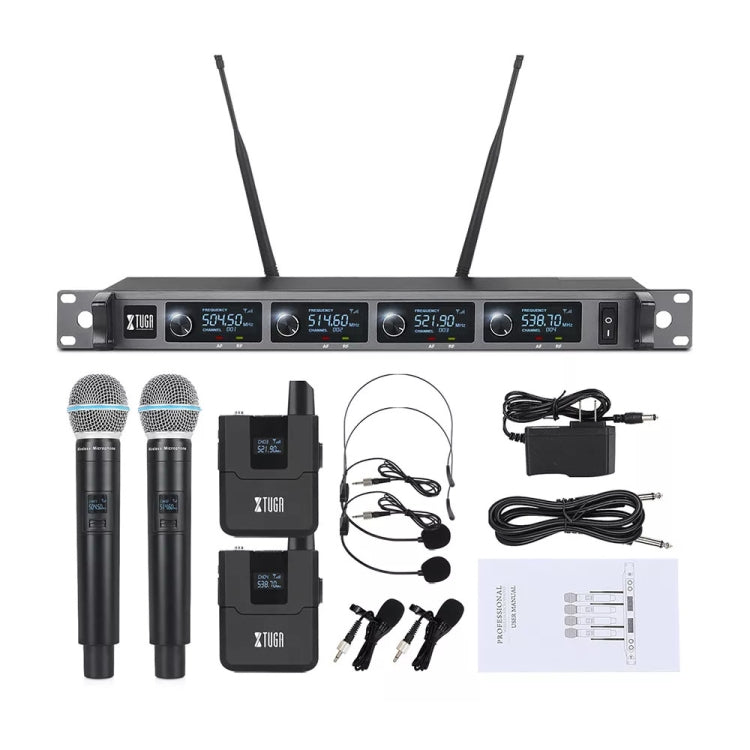 XTUGA A140-HB Wireless Microphone System 4 Channel Handheld Lavalier Headset Microphone(EU Plug)