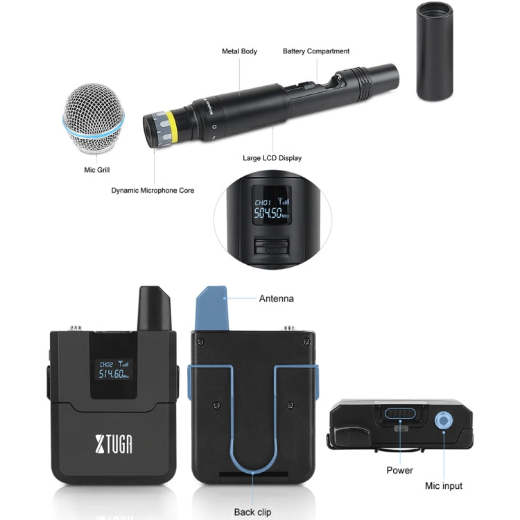 XTUGA A140-HB Wireless Microphone System 4 Channel Handheld Lavalier Headset Microphone(EU Plug)