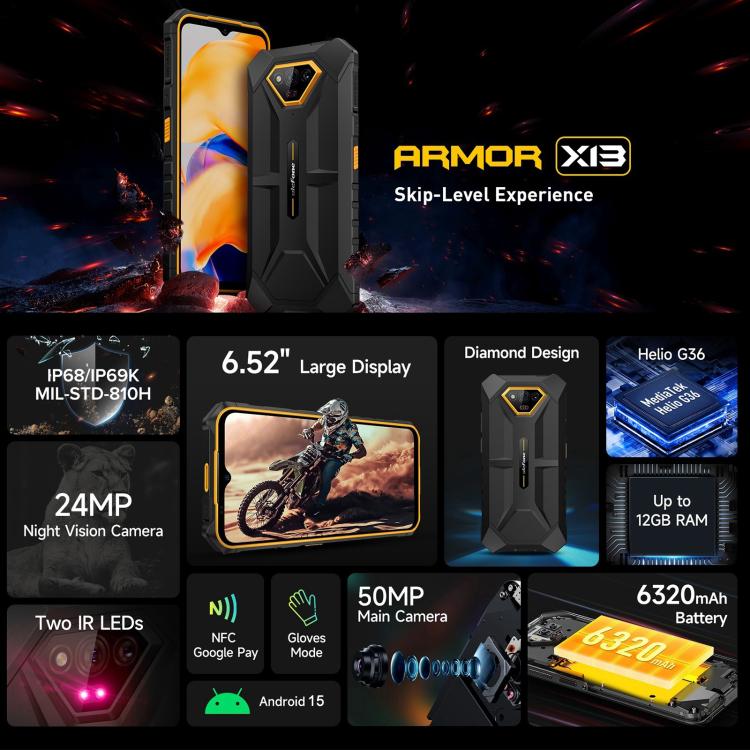 [HK Warehouse] Ulefone Armor X13, 6GB+64GB, IP68/IP69K Rugged Phone, 6.52 inch Android 15 MediaTek Helio G36 Octa Core, Network: 4G, NFC, OTG(All Black)