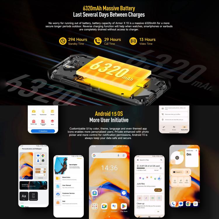 [HK Warehouse] Ulefone Armor X13, 6GB+64GB, IP68/IP69K Rugged Phone, 6.52 inch Android 15 MediaTek Helio G36 Octa Core, Network: 4G, NFC, OTG(Some Orange)