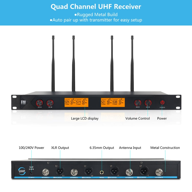 XTUGA A400-H Professional 4-Channel UHF Wireless Microphone System with 4 Handheld Microphone(EU Plug)