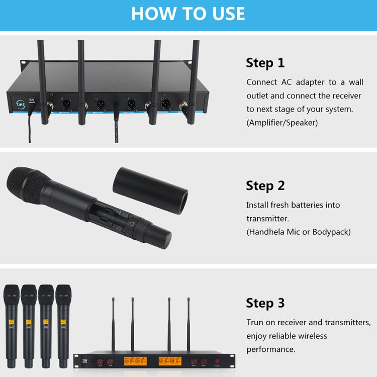XTUGA A400-H Professional 4-Channel UHF Wireless Microphone System with 4 Handheld Microphone(EU Plug)