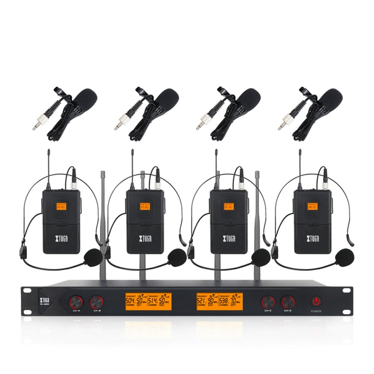 XTUGA A400-B Professional 4-Channel UHF Wireless Microphone System with 4 BodyPack Lavalier Headset Microphone(UK Plug)