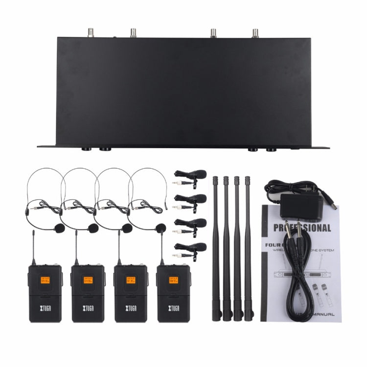XTUGA A400-B Professional 4-Channel UHF Wireless Microphone System with 4 BodyPack Lavalier Headset Microphone(AU Plug)