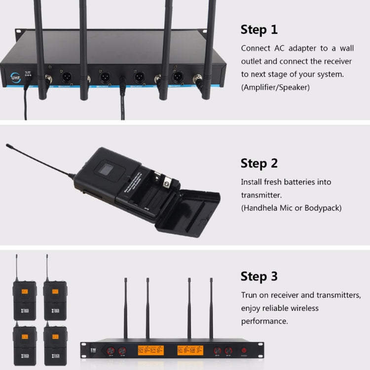 XTUGA A400-B Professional 4-Channel UHF Wireless Microphone System with 4 BodyPack Lavalier Headset Microphone(UK Plug)