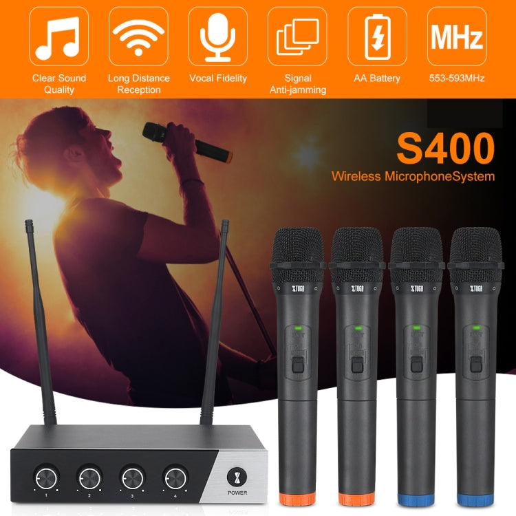 XTUGA S400 Professional 4-Channel UHF Wireless Microphone System with 4 Handheld Microphone(EU Plug)