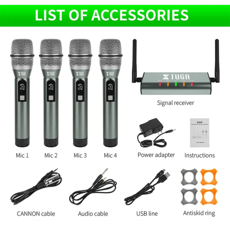 XTUGA U-F4600 Professional 4-Channel UHF Wireless Microphone System with 4 Handheld Microphone(US Plug)