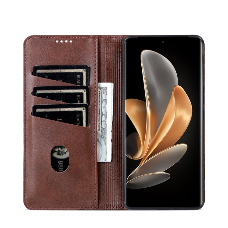 For OPPO Reno12 F 4G AZNS Magnetic Calf Texture Flip Leather Phone Case(Dark Brown)