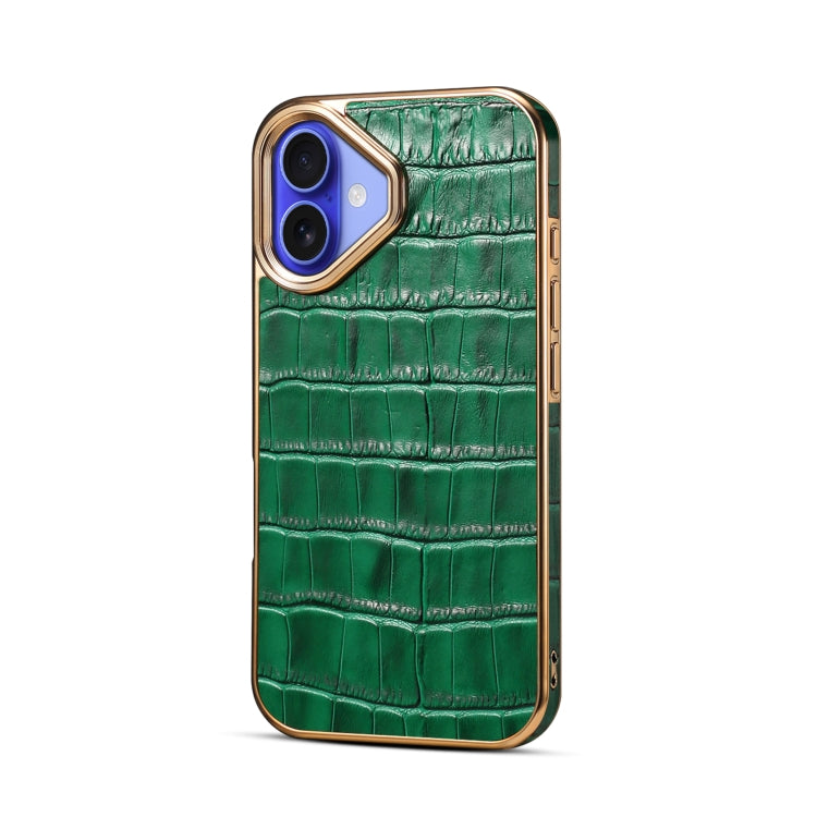 For iPhone 16 Denior Crocodile Texture Genuine Leather Electroplating Phone Case(Green)