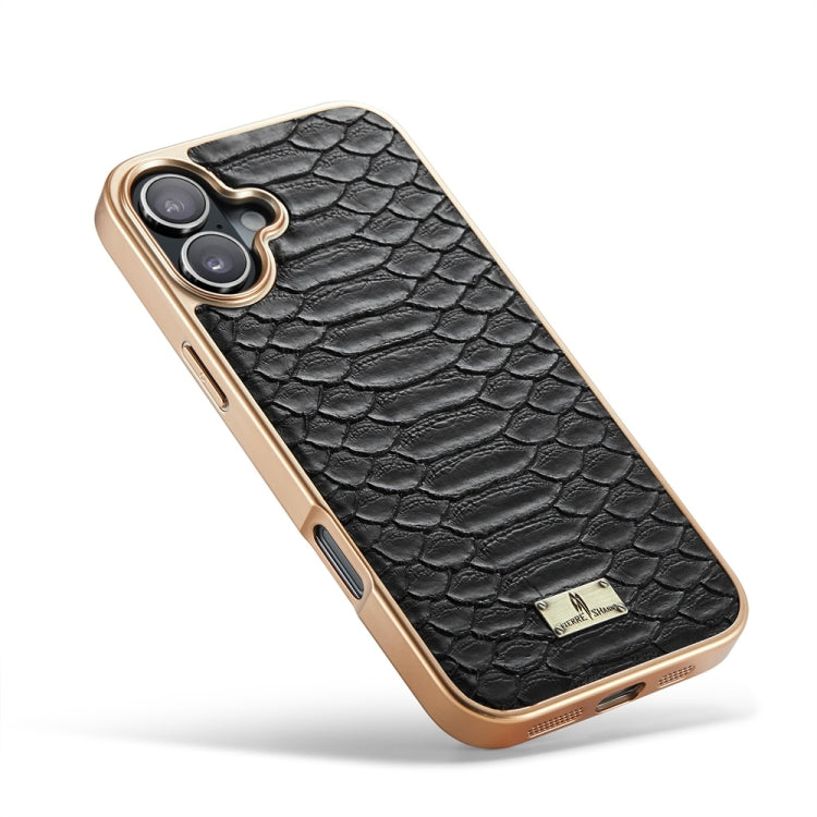 For iPhone 16 Fierre Shann Python Texture Electroplating PU Phone Case(Black)