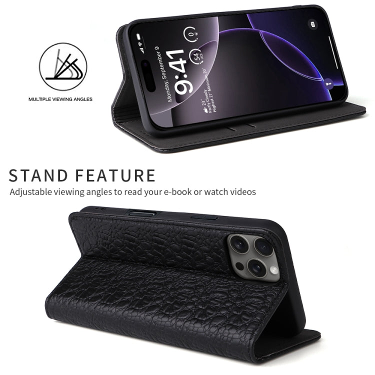 For iPhone 16 Pro Fierre Shann Crocodile Texture Magnetic Genuine Leather Phone Case(Black)