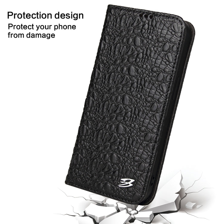For iPhone 16 Pro Fierre Shann Crocodile Texture Magnetic Genuine Leather Phone Case(Black)