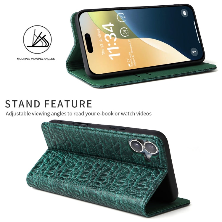 For iPhone 16 Fierre Shann Crocodile Texture Magnetic Genuine Leather Phone Case(Green)