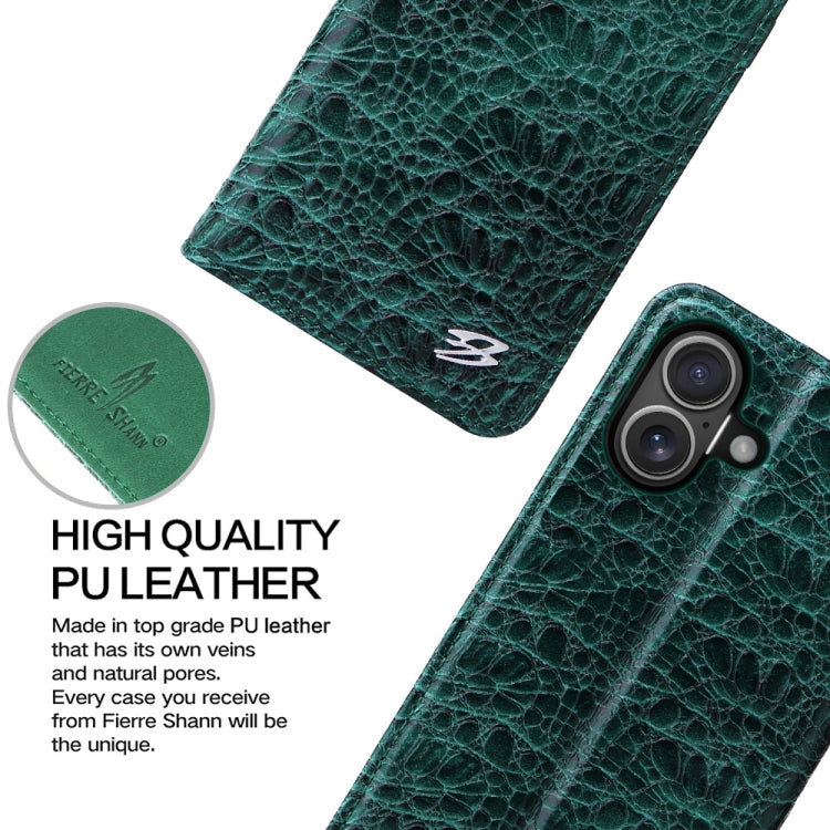 For iPhone 16 Fierre Shann Crocodile Texture Magnetic Genuine Leather Phone Case(Green)